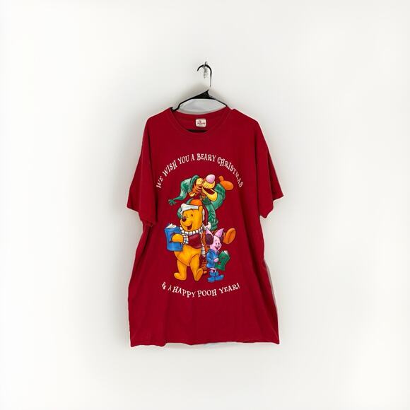 Vintage Disney Store Winnie the Pooh Christmas T-Shirt Red Holiday One Size - Picture 1 of 6